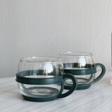 2 verres à pied jaune ambré et 2 tasses en verre