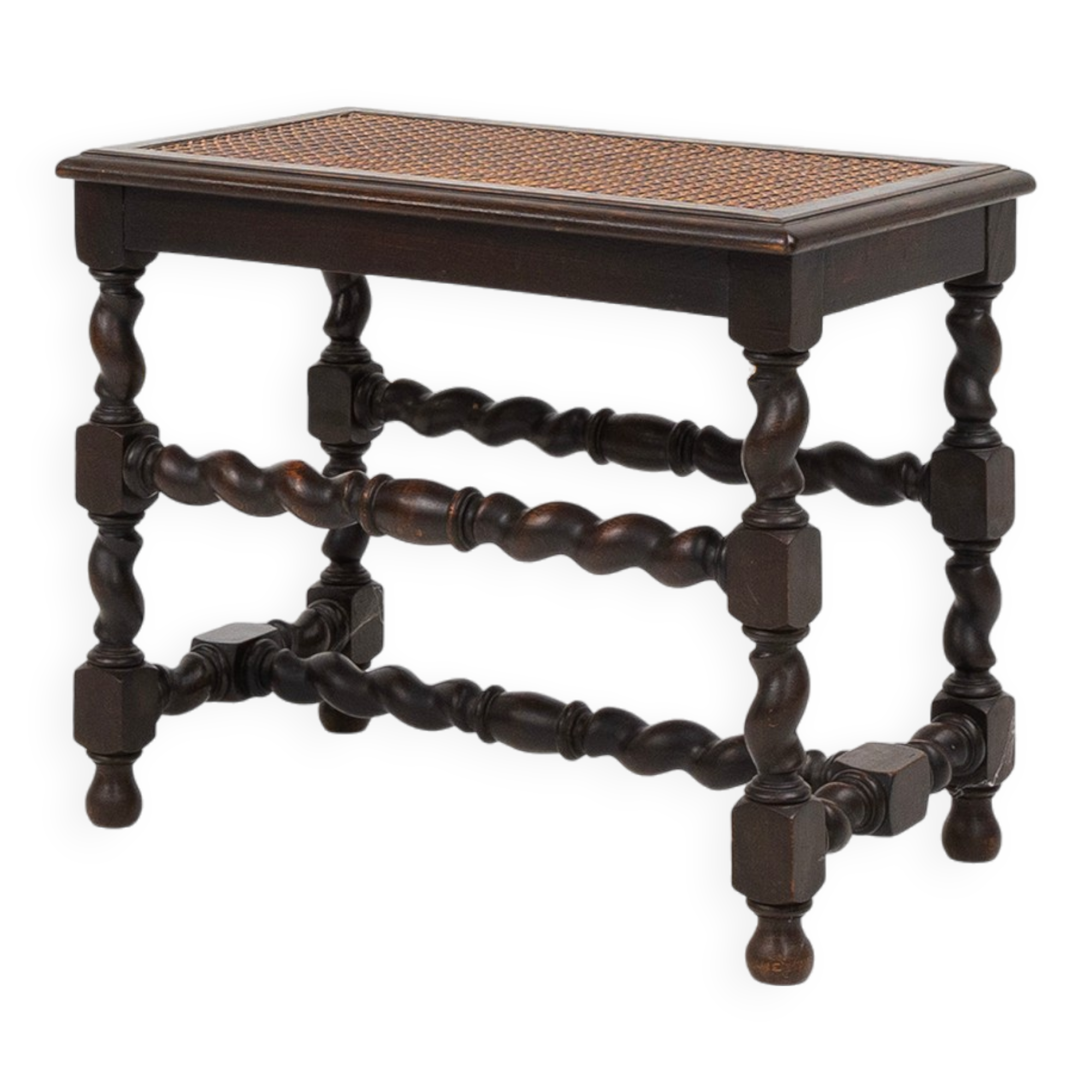 Antique French wooden stool with rattan top, ca. 1880