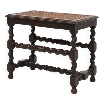 Antique French wooden stool with rattan top, ca. 1880