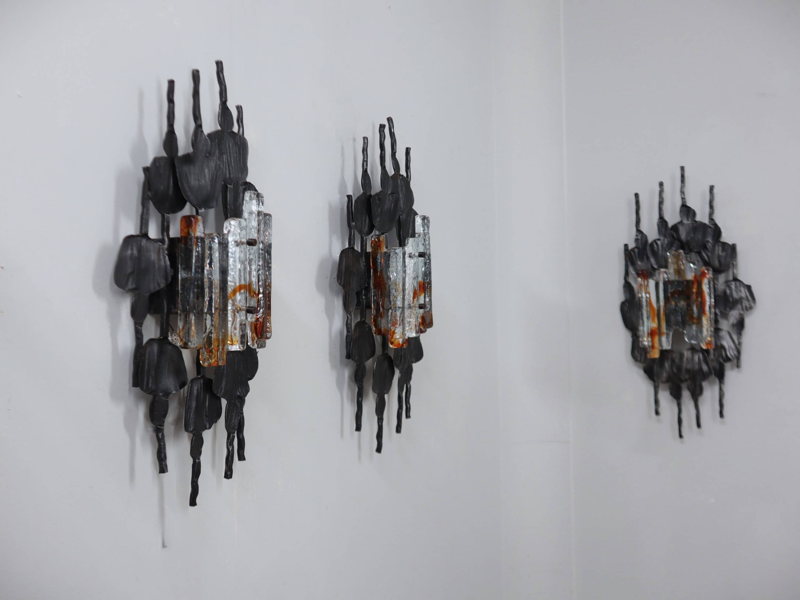 Set of 3 Brutalist Murano glass strips sconces / wall lamps Italy 1970s