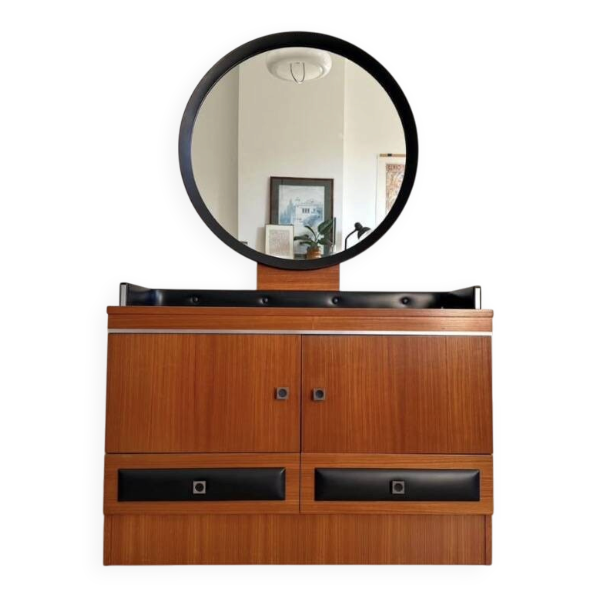 Vintage Mid-Century teak dressing table with large round mirror.