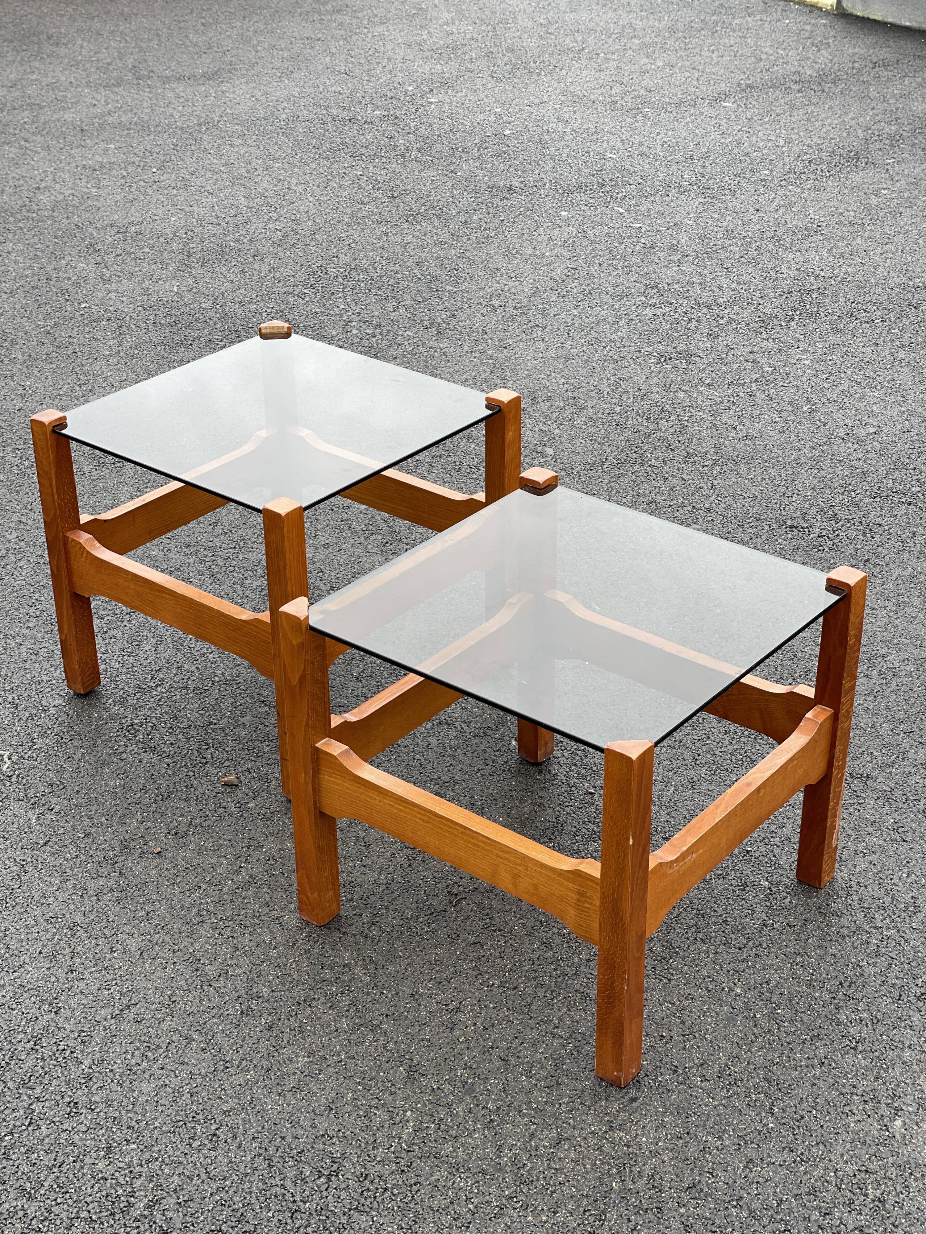 Pair end of sofa vintage wood smoked glass coffee table 1970