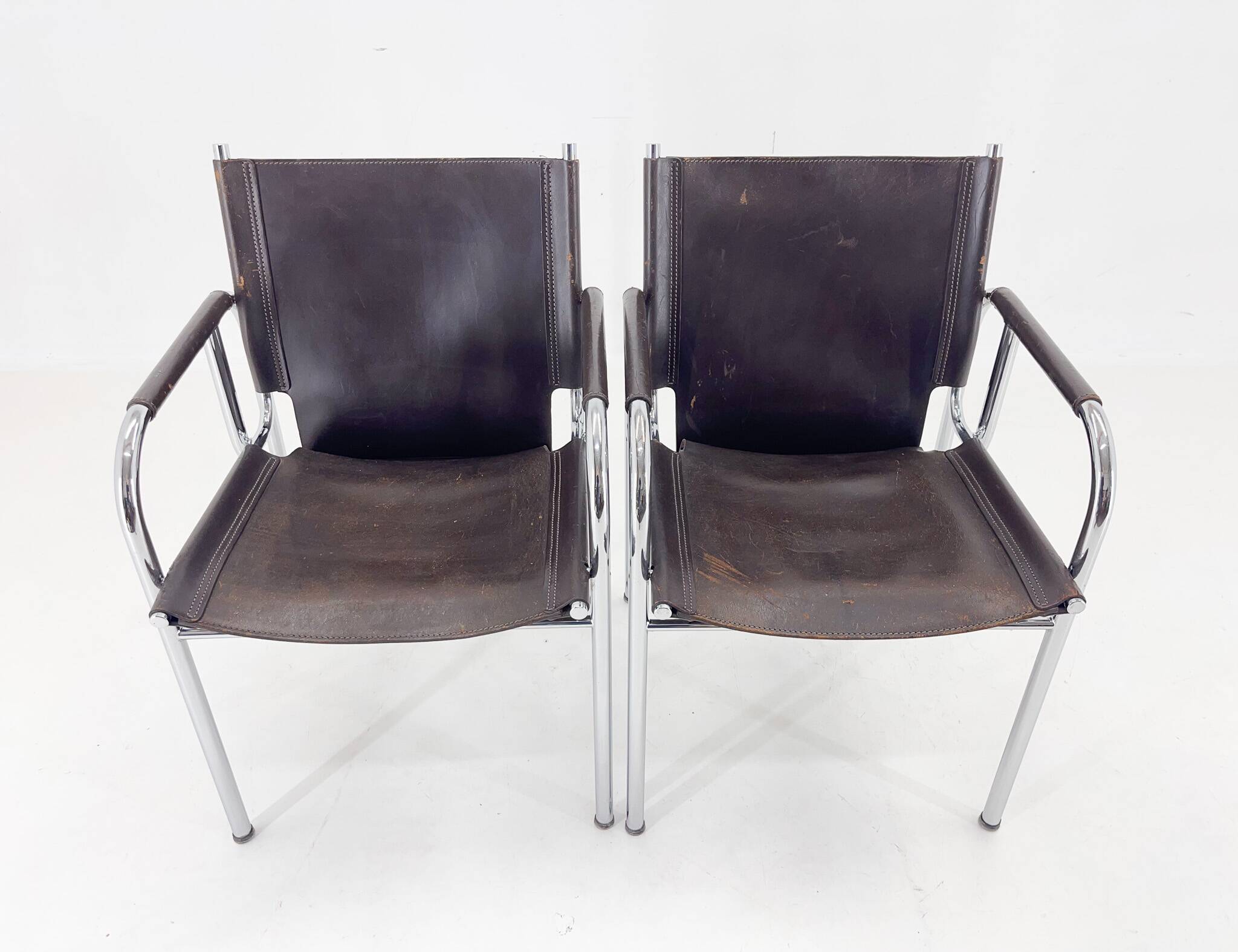 Pair of 1970s Vintage Hans Eichenberger Leather & Chrome Lounge Chairs, Labeled