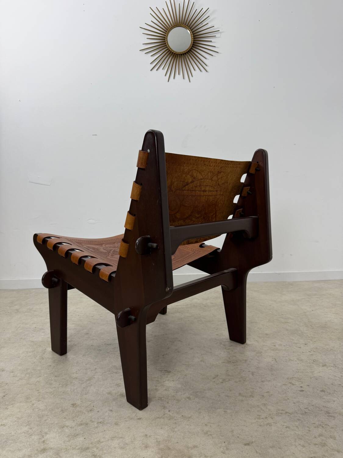 Vintage teak and leather armchair design Angel Pazmino brand Ecuador vintage 1960