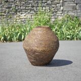 Large old basket, burgundy straw and bramble, woven basket