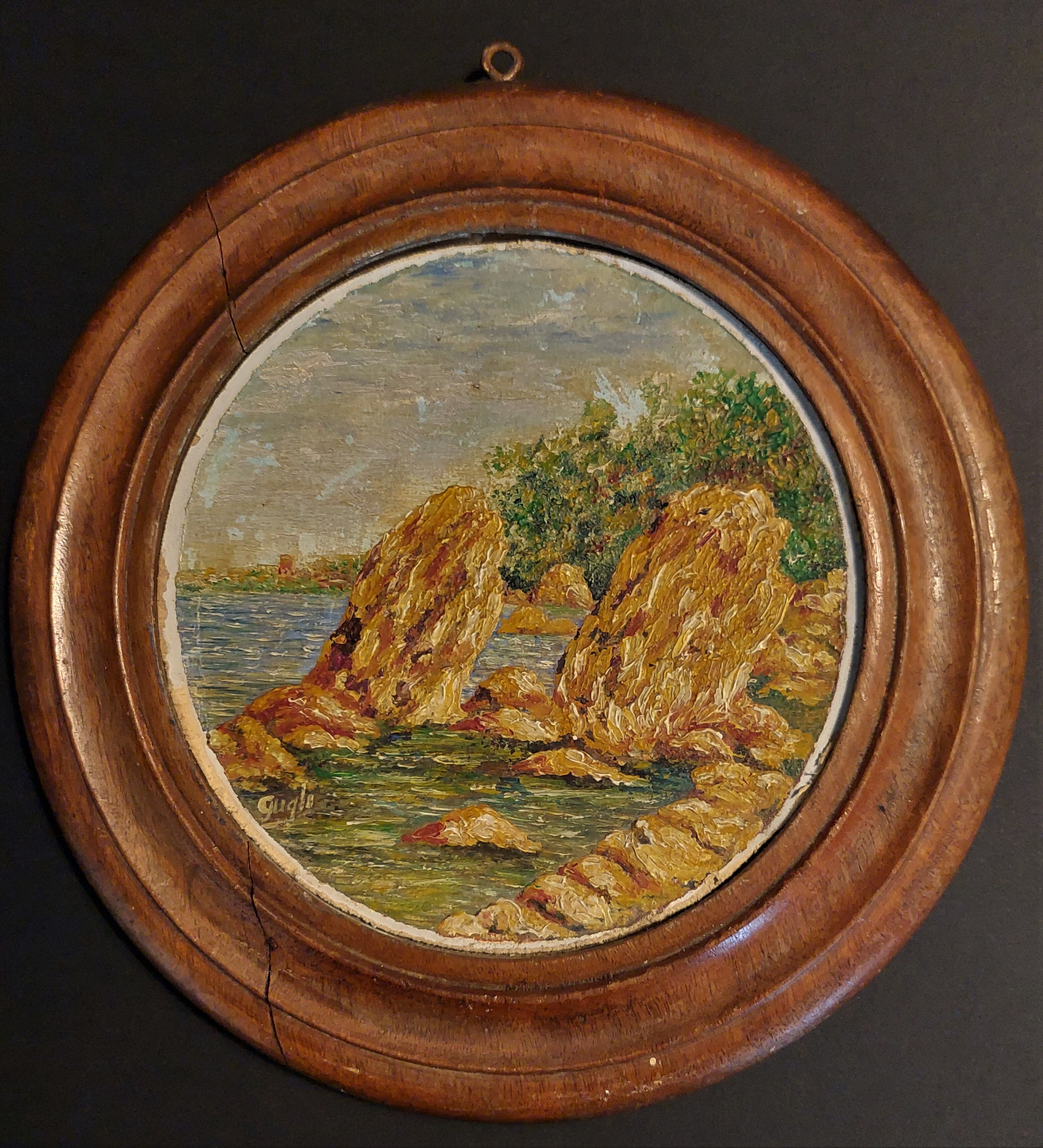 Oil painting on panel in marine tondo wooden frame early twentieth century
