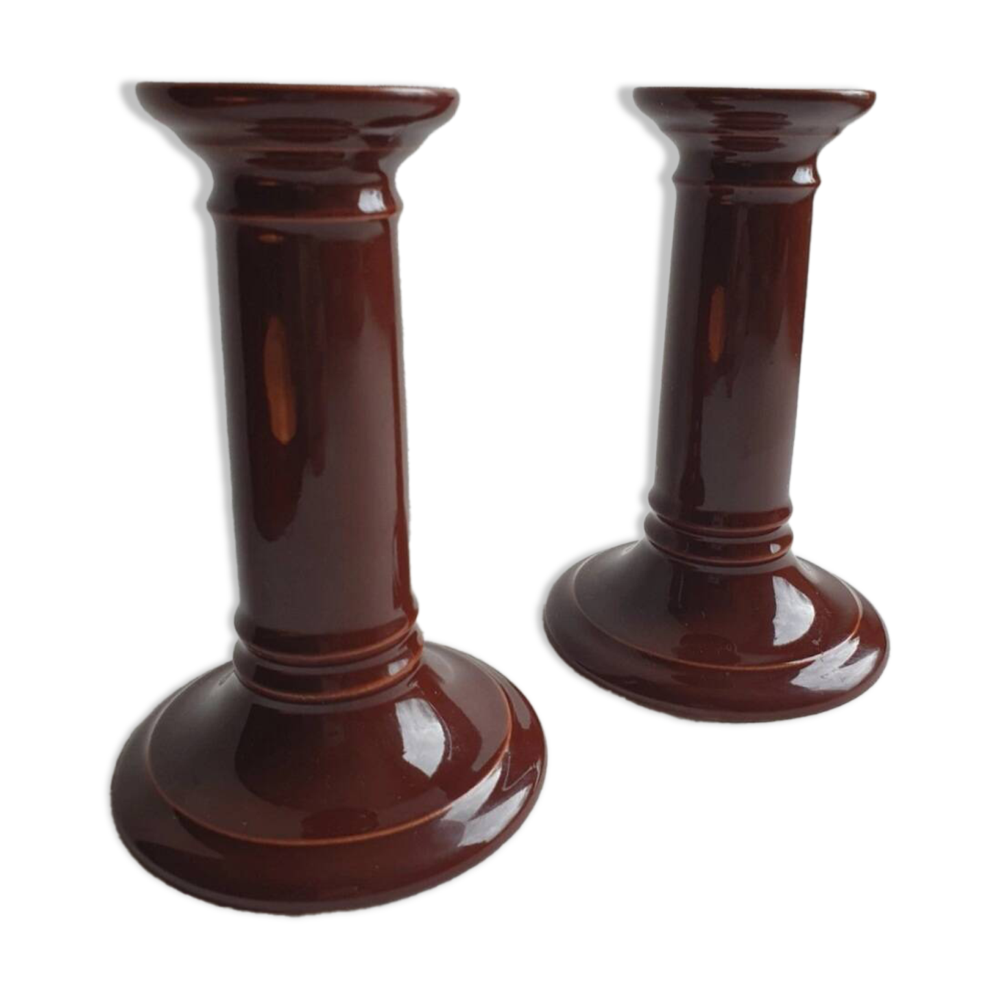 Pair of English brown ceramic candlesticks. Circa 2003, designed by S.