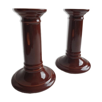 Pair of English brown ceramic candlesticks. Circa 2003, designed by S.