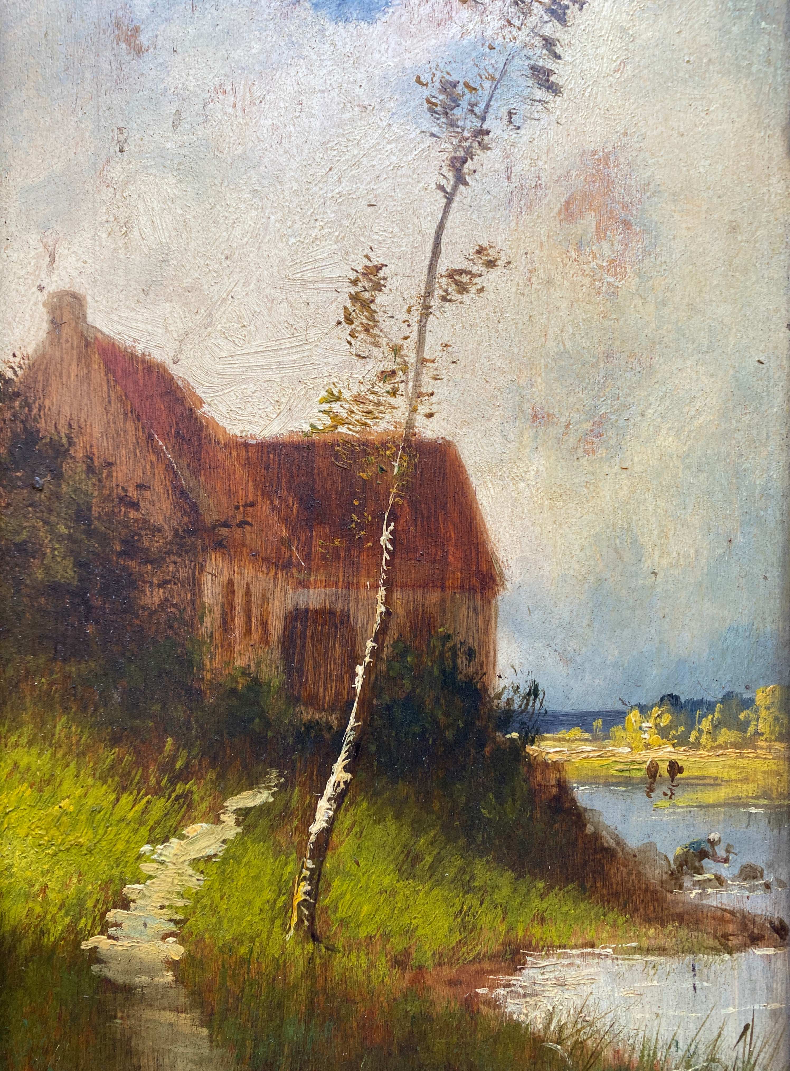 Nineteenth century painting HSP "Landscape with the river" signed + barbizon frame