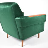 Fauteuil vintage en velours années 1960 restauré bouteille verte