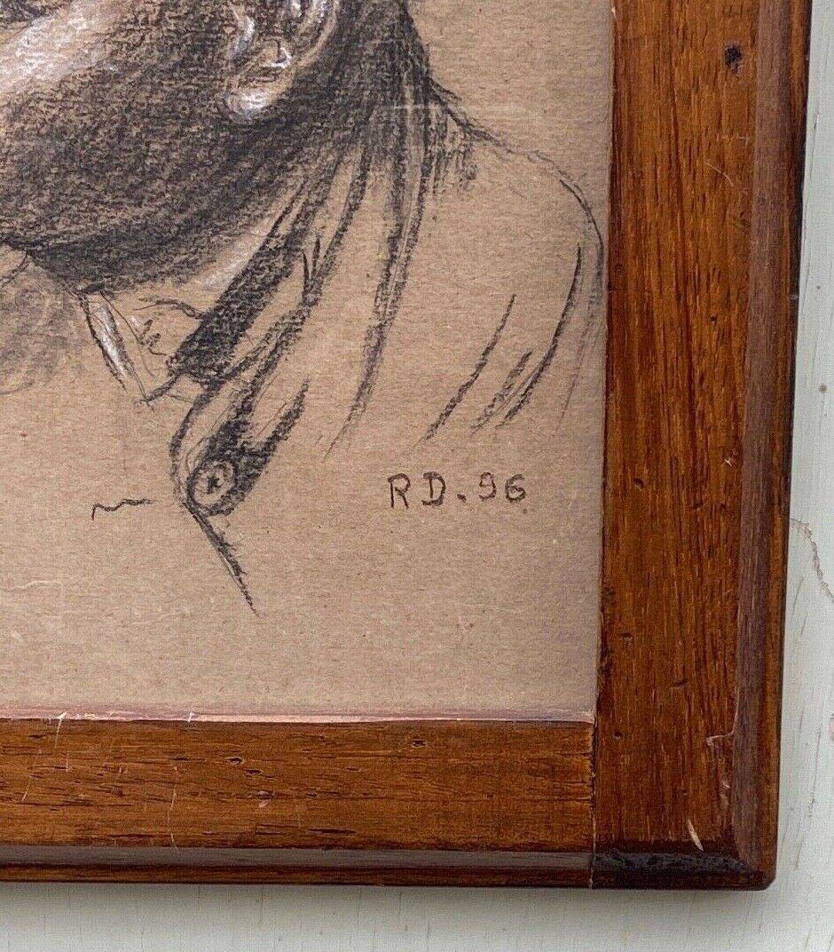 Old painting portrait of black boy in charcoal wooden frame signed RD 96