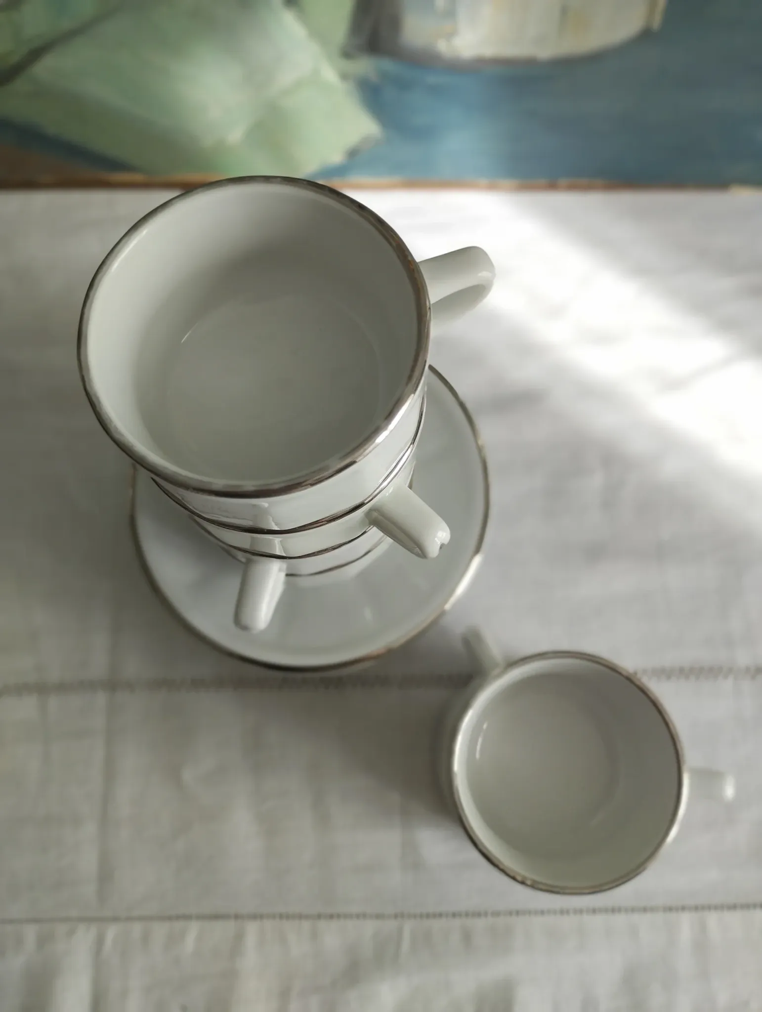 6 white porcelain coffee cups with silver trim Apilco Deshoulières