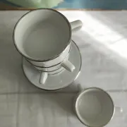 6 white porcelain coffee cups with silver trim Apilco Deshoulières