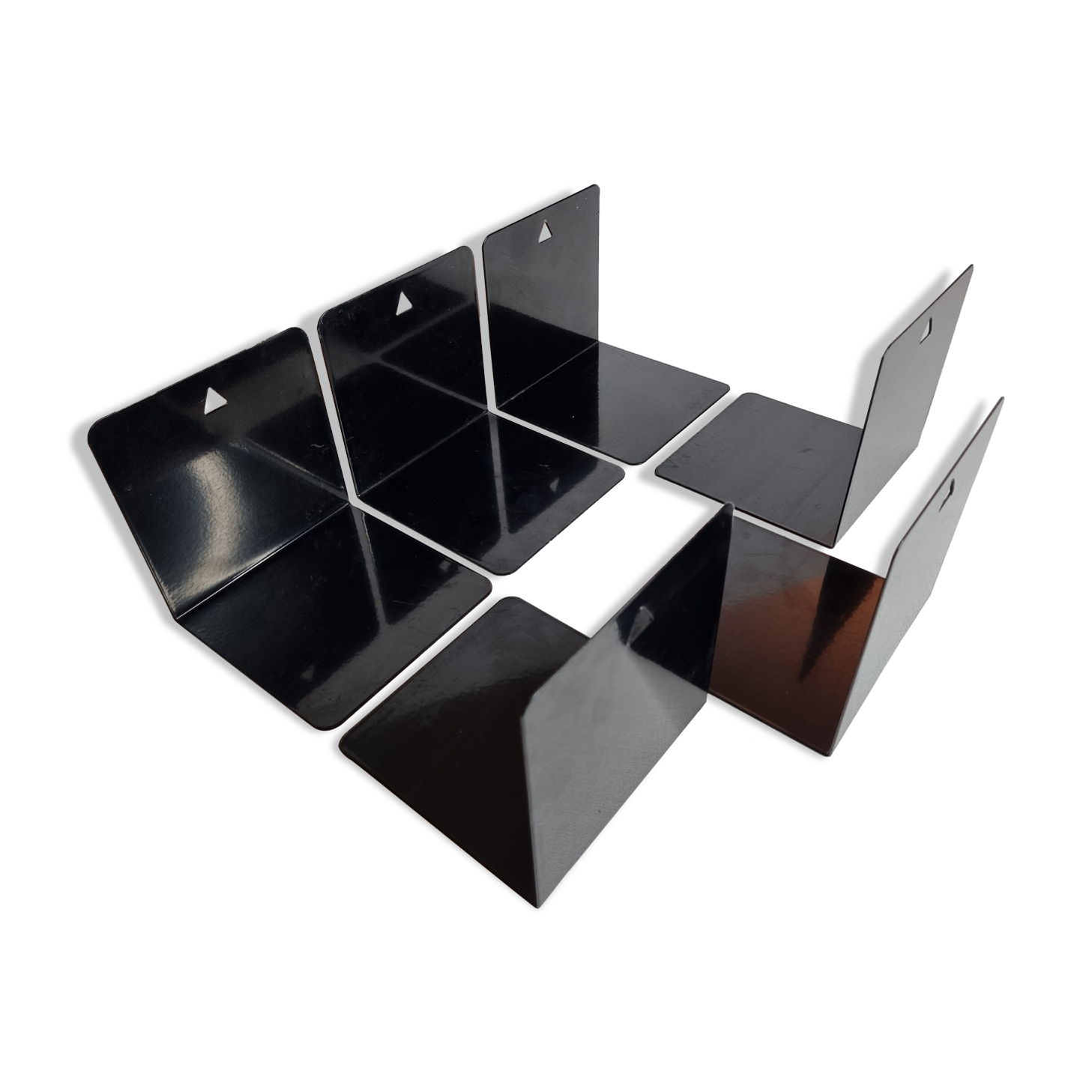 Set of six vintage black lacquered steel bookhouses