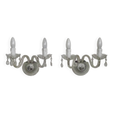 Pair of French vintage double crystal wall lights with barley twist glass arms.