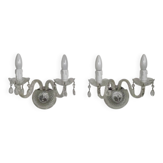 Pair of French vintage double crystal wall lights with barley twist glass arms.