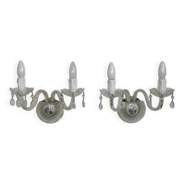 Pair of French vintage double crystal wall lights with barley twist glass arms.