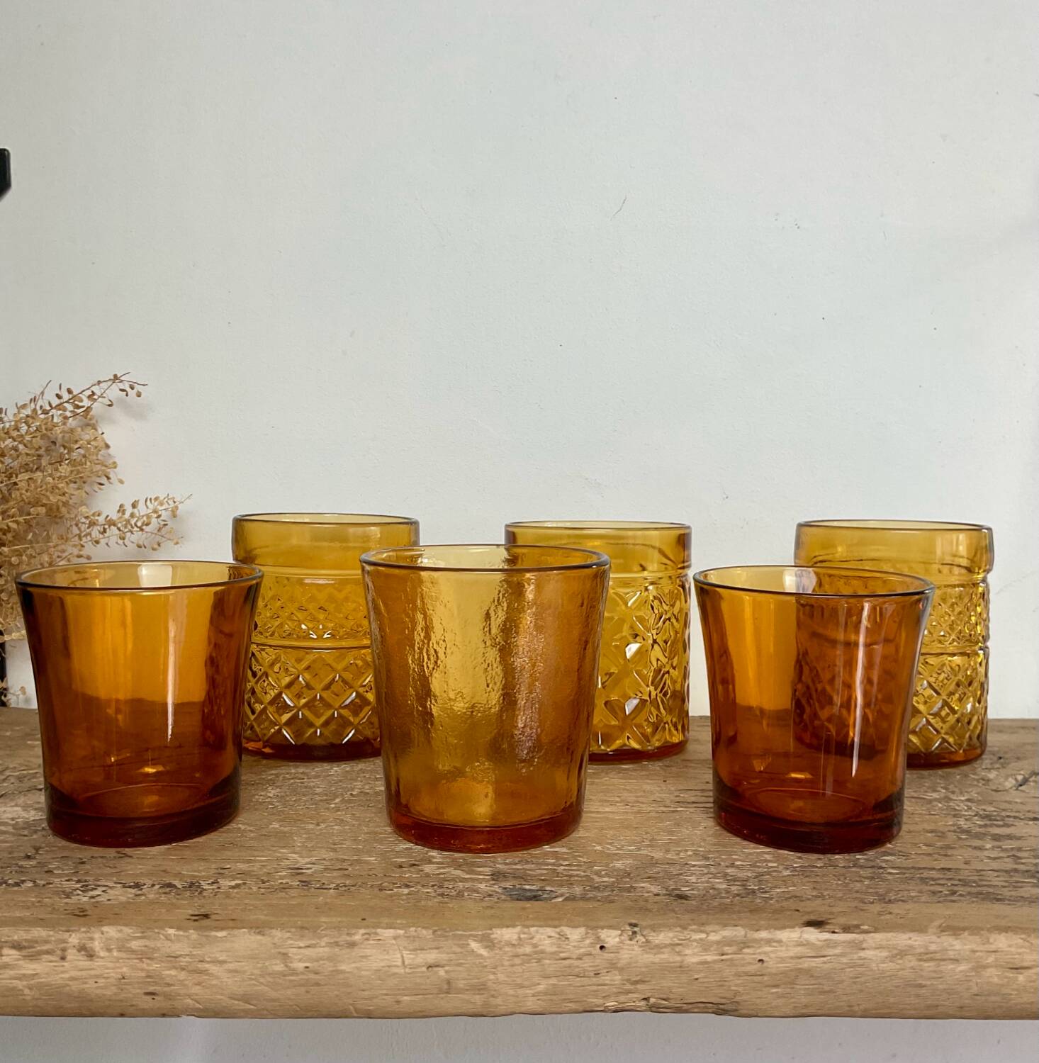 6 mismatched vintage amber glasses