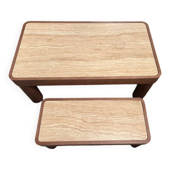 Set of two coffee tables in wood and travertine marble