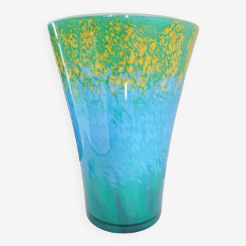 Grand vase évasé, signé La Rochère, verre soufflé avec inclusions de couleurs