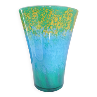 Grand vase évasé, signé La Rochère, verre soufflé avec inclusions de couleurs