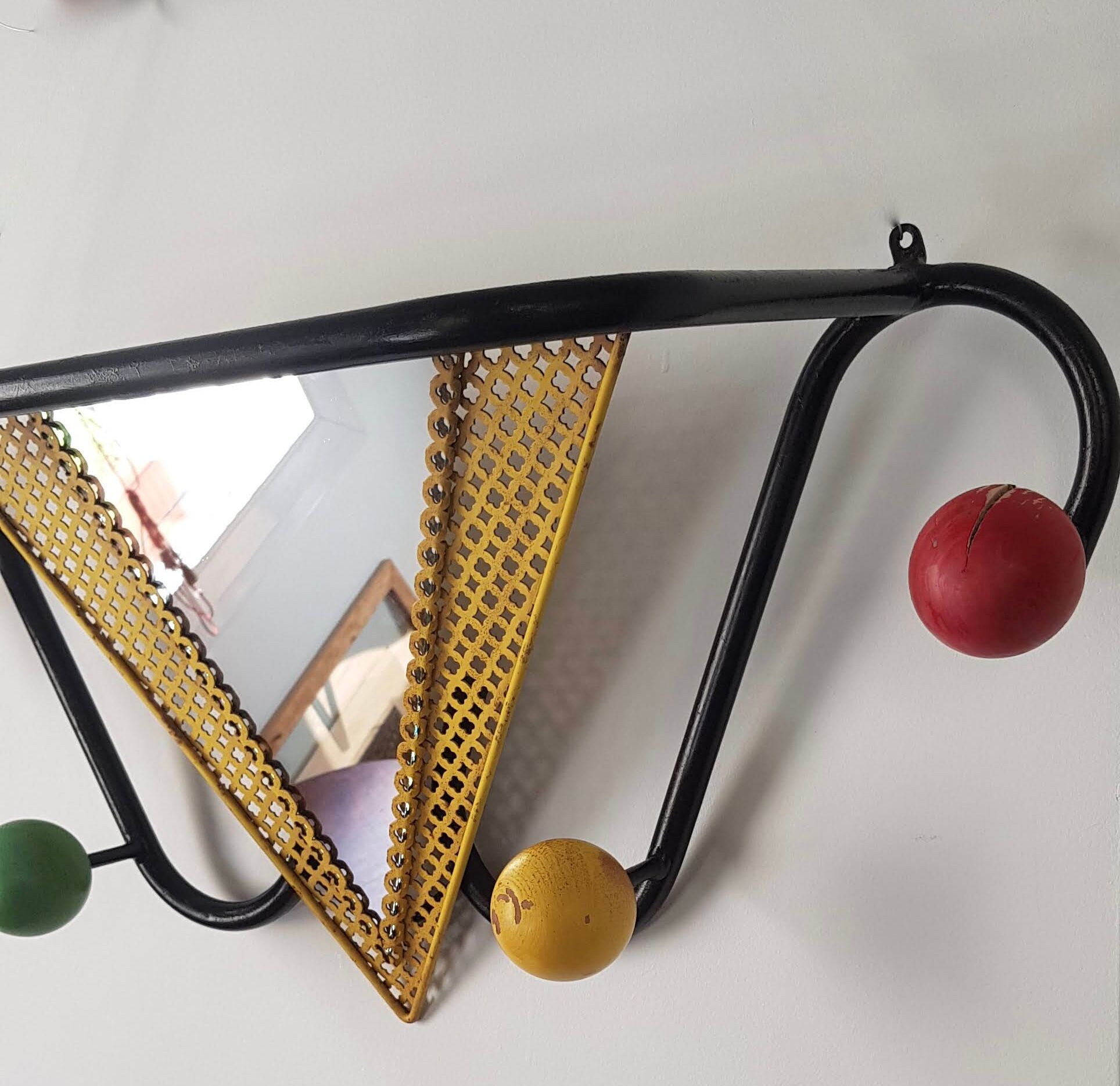 Vintage wall coat rack with mirror and shelf Black metal and wood ball