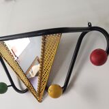 Vintage wall coat rack with mirror and shelf Black metal and wood ball