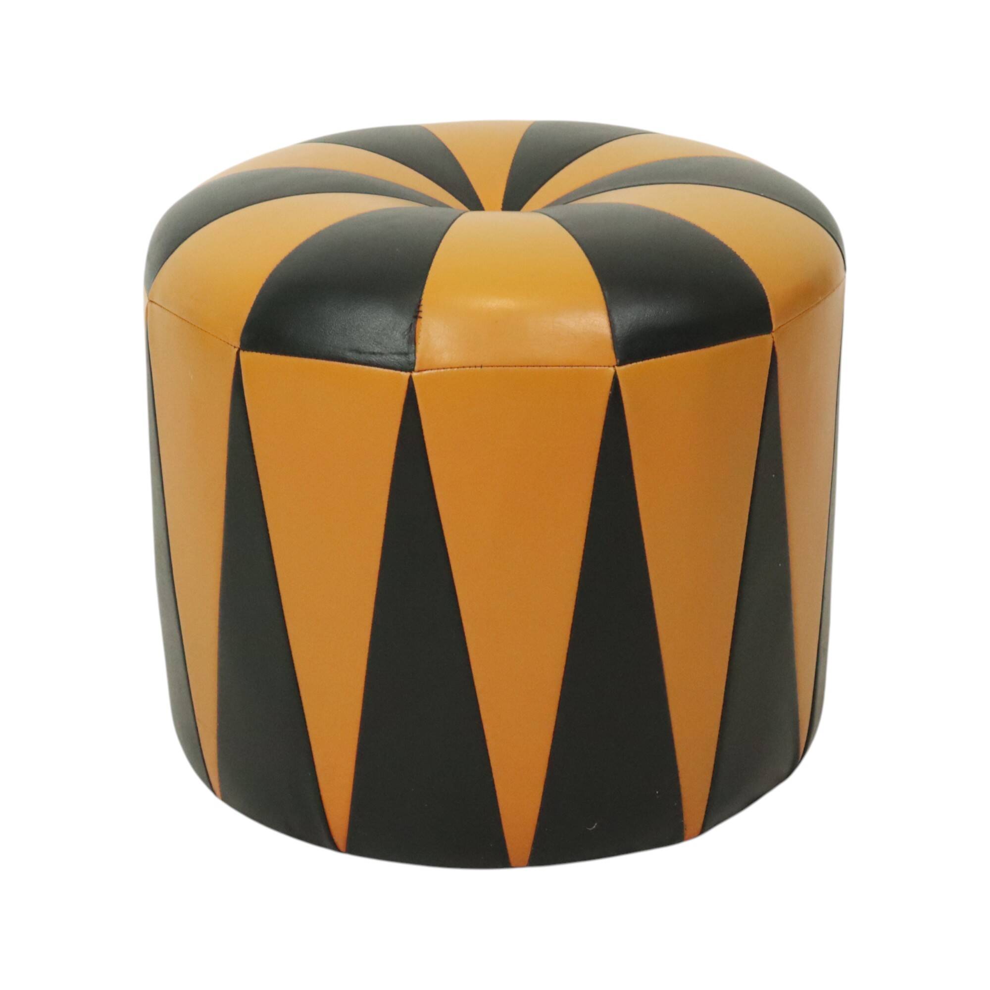 Round Vintage Pouf Orange Black Leatherette 1960s