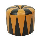Round Vintage Pouf Orange Black Leatherette 1960s