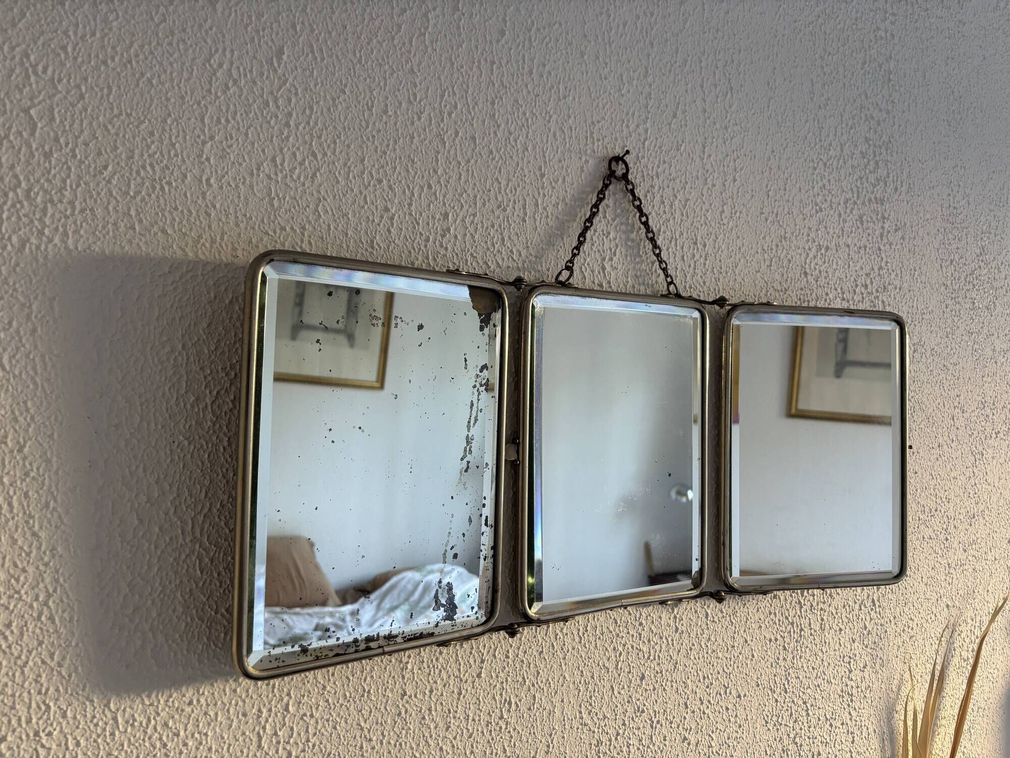 Vintage 1950 triptych mirror barber beveled crystal hairdresser - 25 x 59 cm