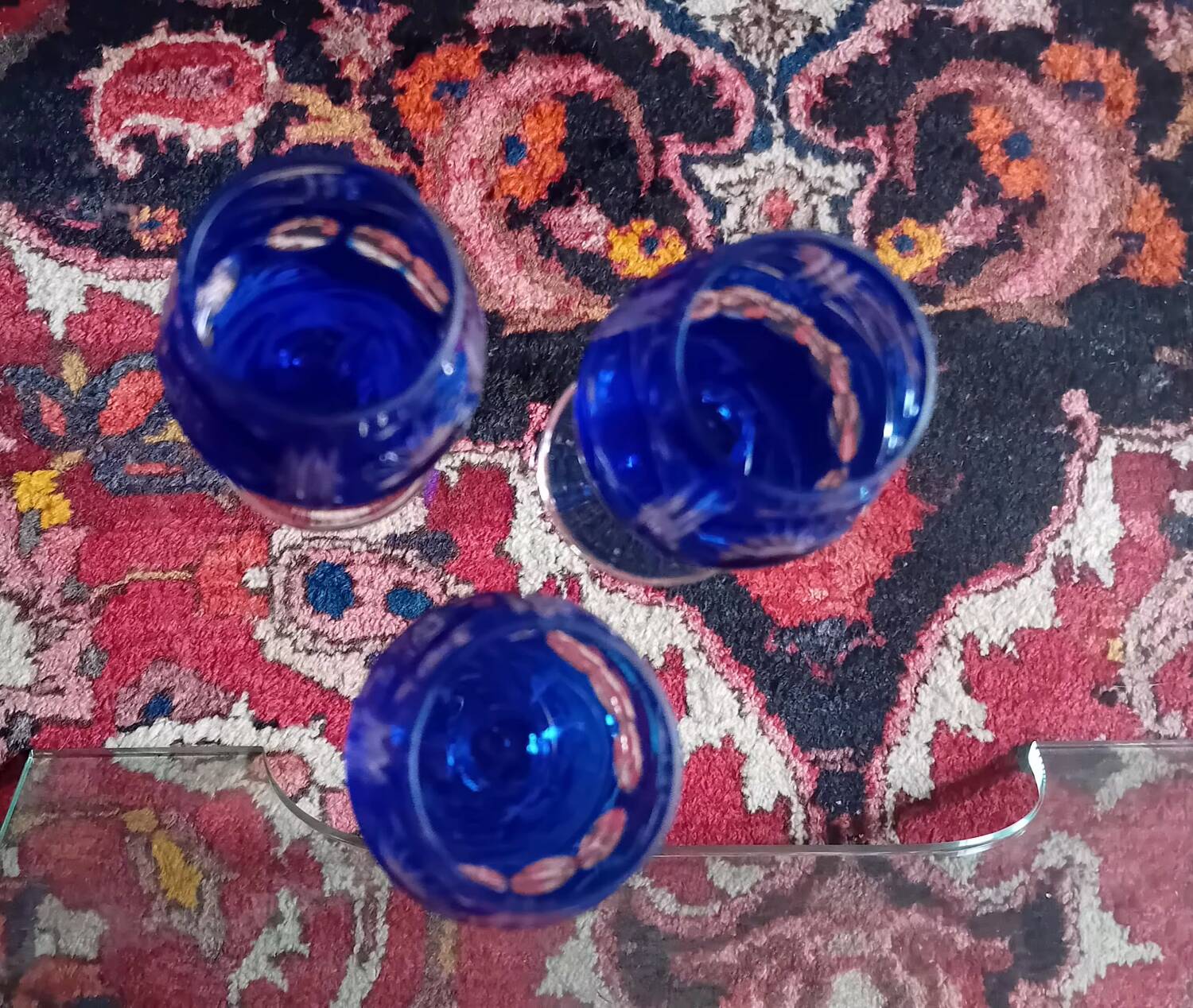 Bohemian blue crystal liqueur glasses