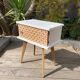 Beautiful vintage bedside table with tapered legs, Scandinavian/pop style in raw white.