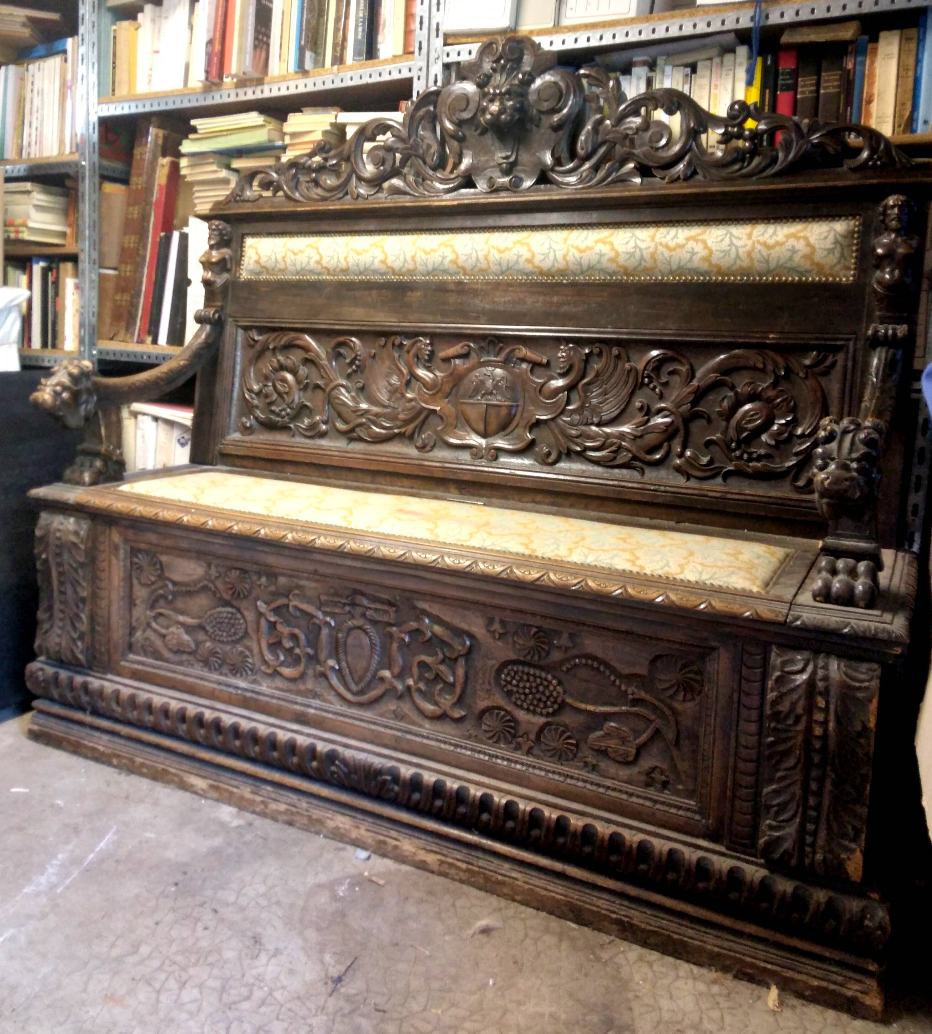 19th century carved wooden chest bench