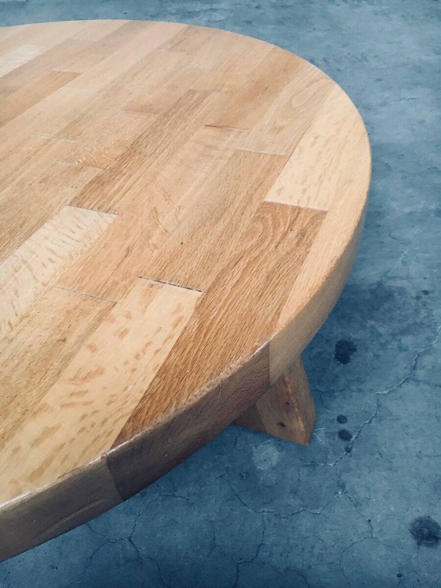 Brutalist Oak Round Coffee Table from Meubelfabriek Oisterwijk, Netherlands, 1960s