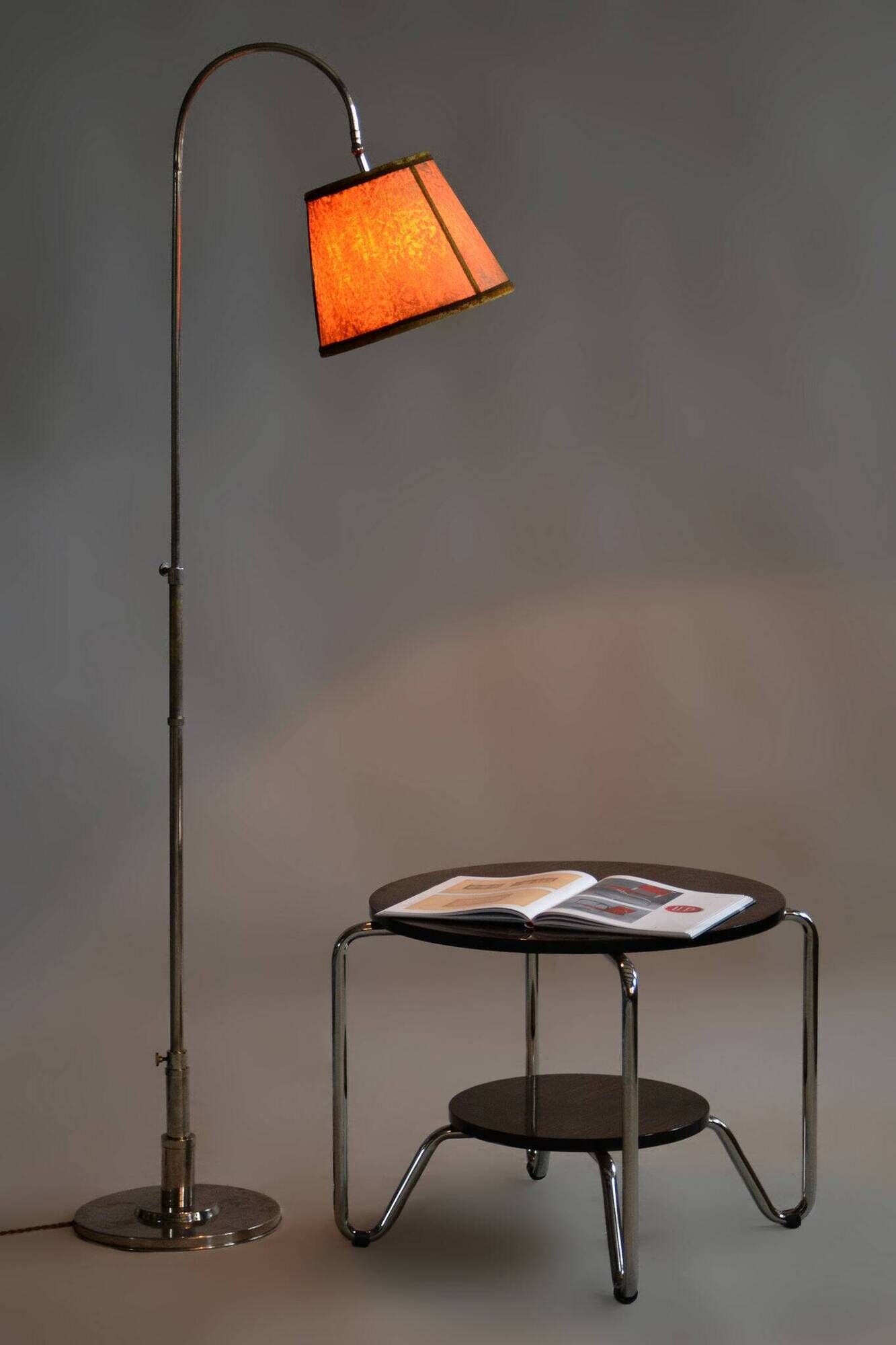 Restored Czech Bauhaus Floor Lamp, Nickel-Plated Steel, Parchment Shade, 1920s