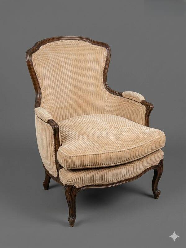 Fauteuil Bergère Style Louis XV en Velours Côtelé Crème