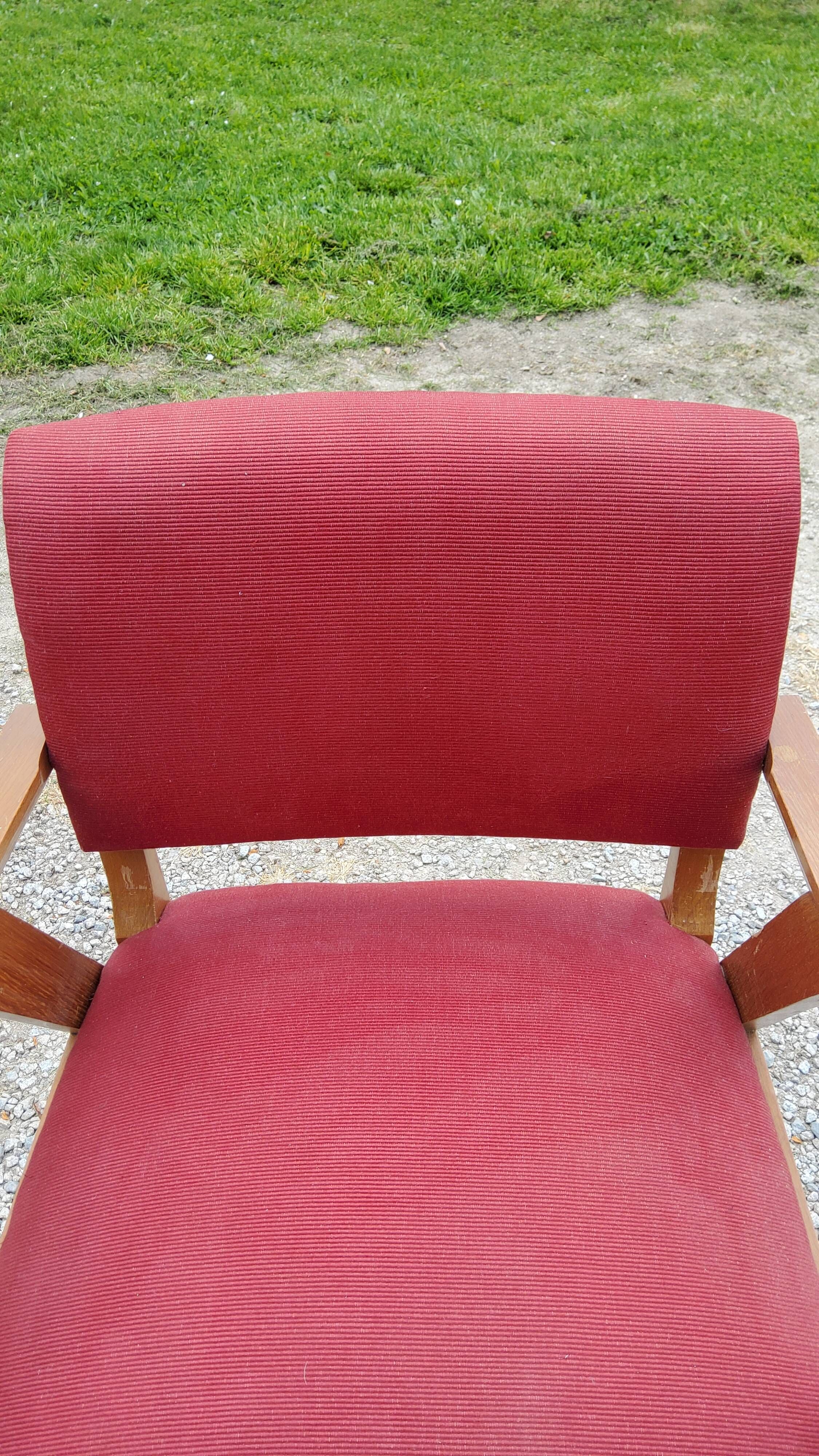 Armchair of the 50s in blond oak and red fabrics compass feet