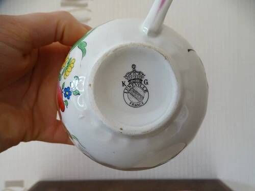 Kg luneville "street lamp" 2 breakfast cups for coffee or tea, earthenware, hand-painted flowers.