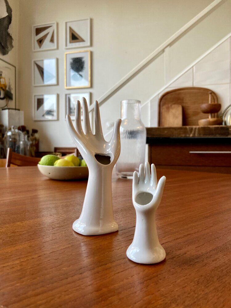 Pair of hand vases in white earthenware