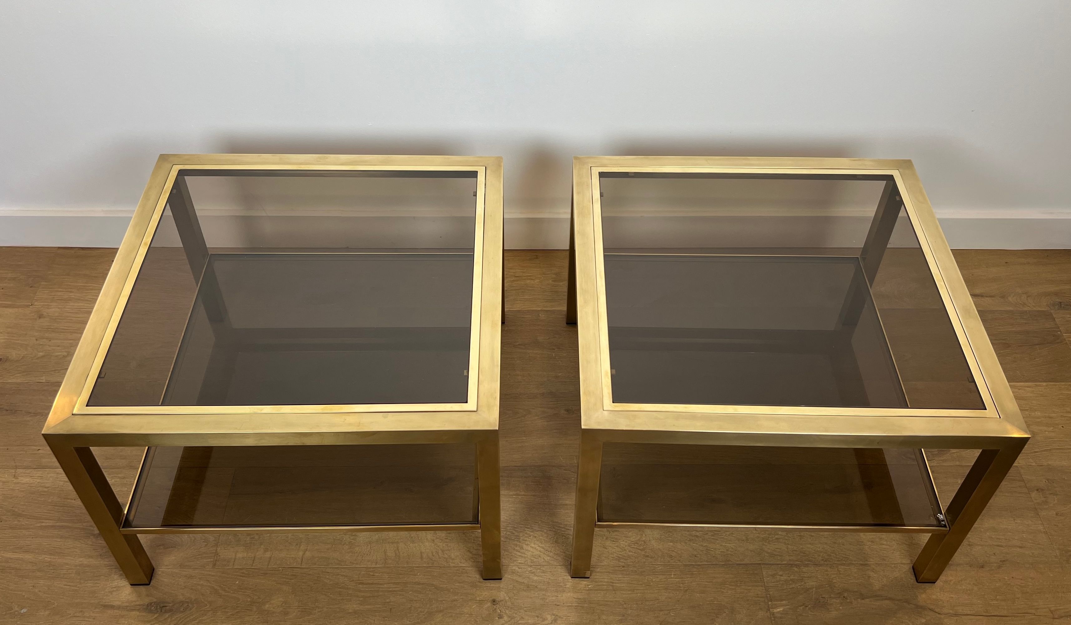Pair of large square brass side tables