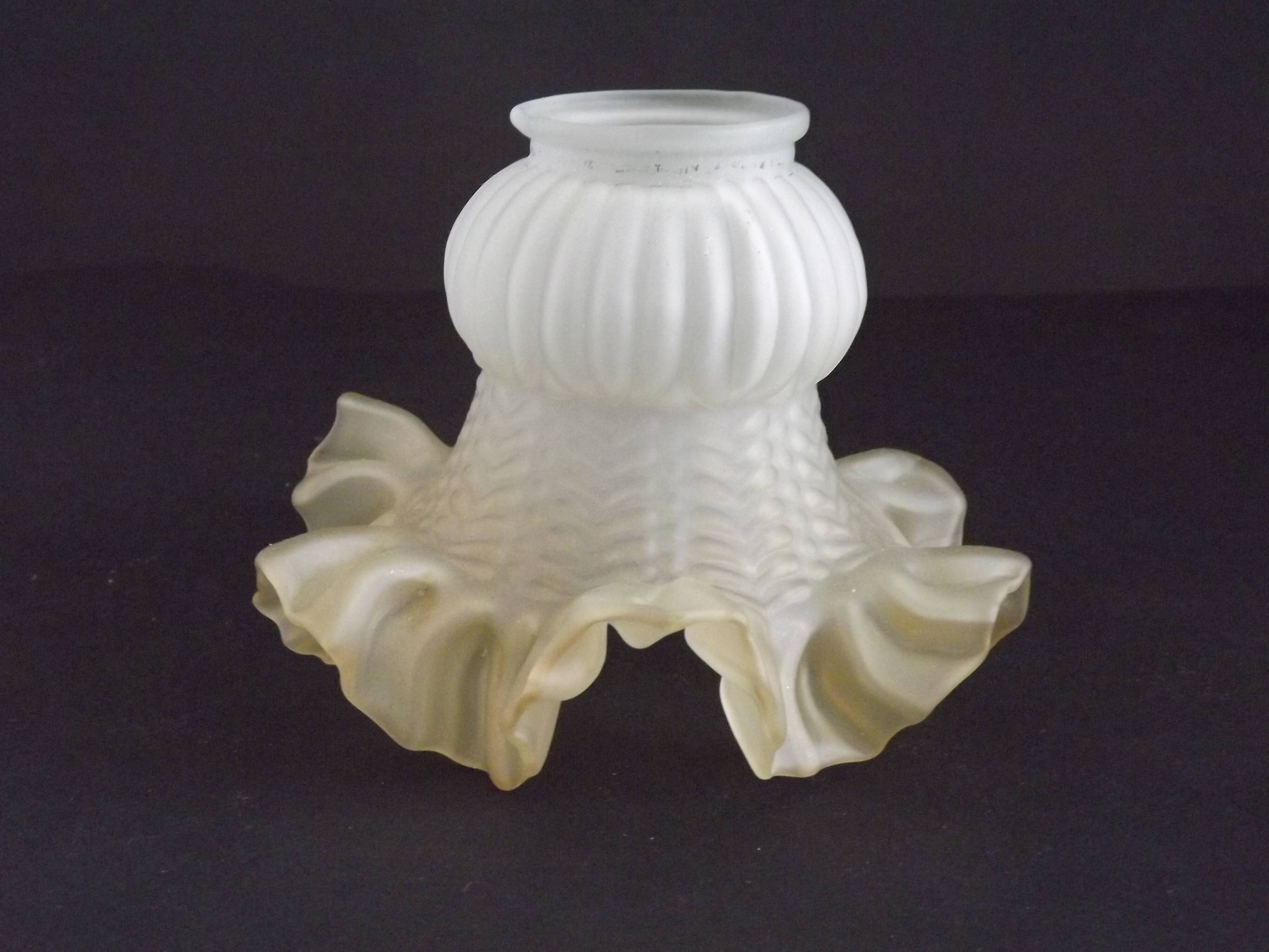 Vintage French Opaque White Glass Replacement Shade with Frilled Amber Edge