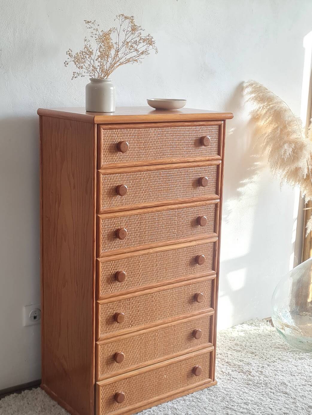 Vintage wicker chest of drawers.
