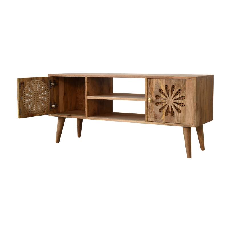 Rosalie Rattan and Solid Mango Wood Media Unit, Modern Console with Cut-Out Petal Design, Brass Knob