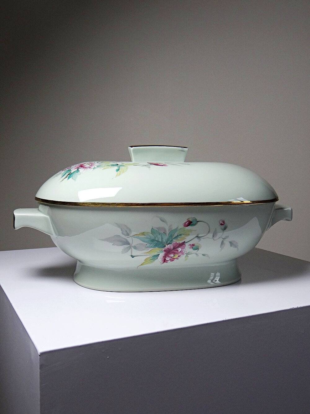 Soupière style art déco décor floral porcelaine céladon vintage Limoges France