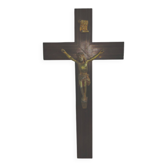 Grand Crucifix Ancien en Noyer avec inserts Laiton - Vintage 1920 - French