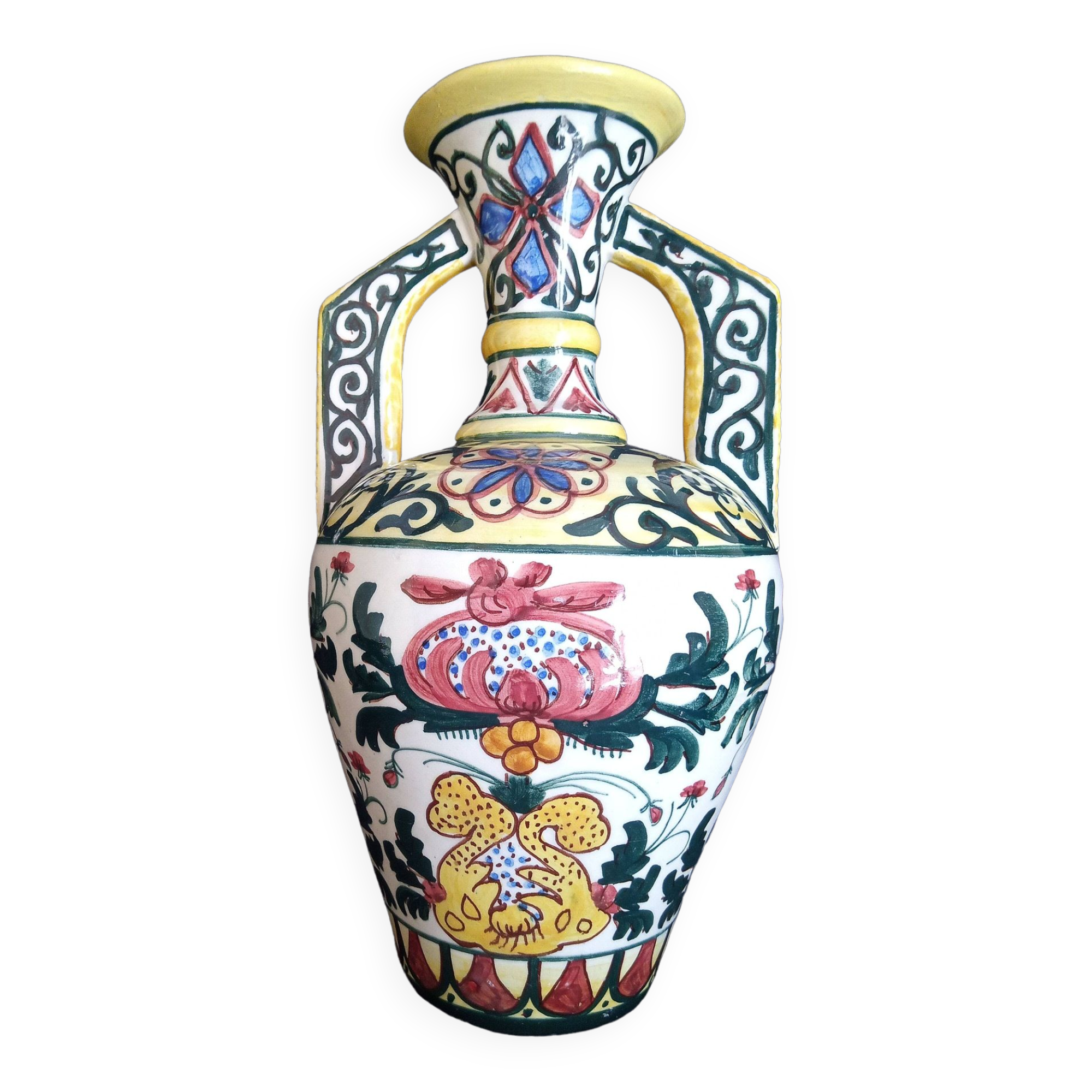 Art Deco ceramic vase with brightly colored abstract patterns