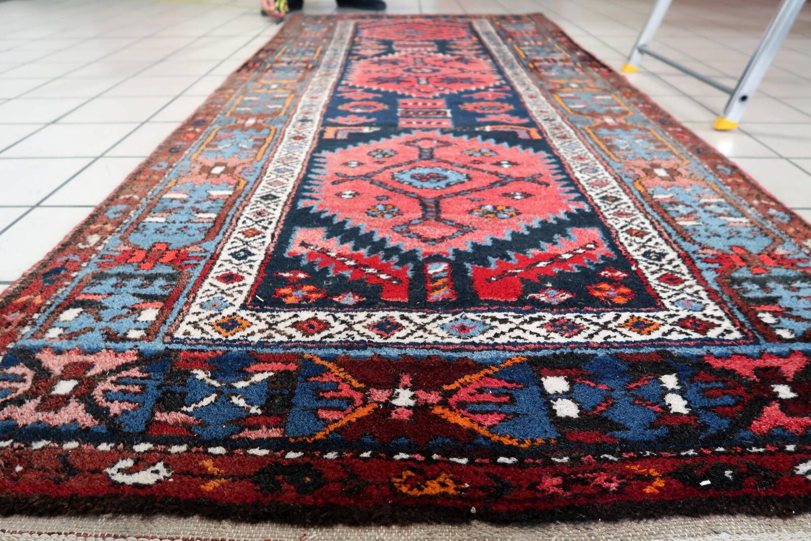 Antique Persian Handmade Hamadan Runner Rug, 3.4' x 7.7' (106cm x 237cm), 1920s
