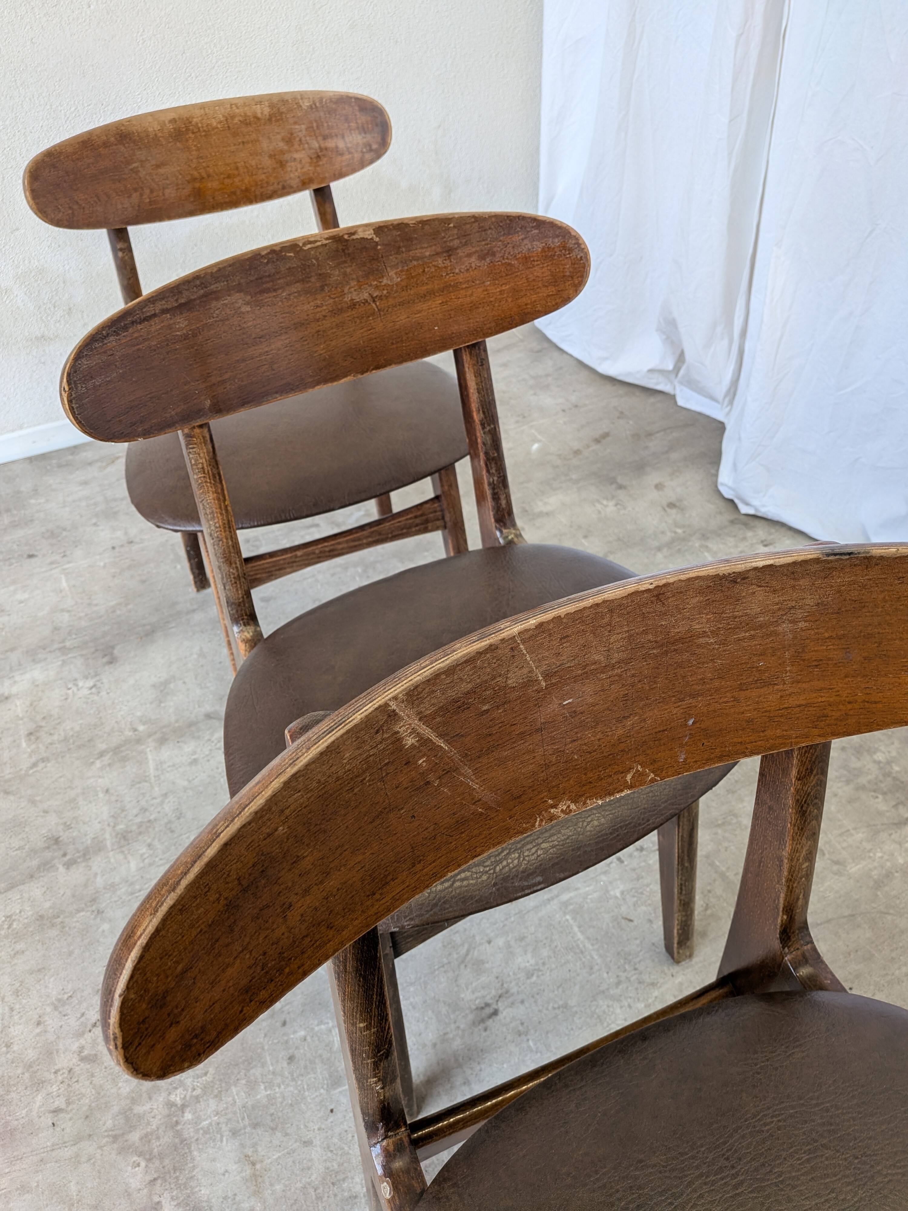 Set of 3 Vintage Wooden Dining Chairs with Brown Leather Seats / Mid-Centur