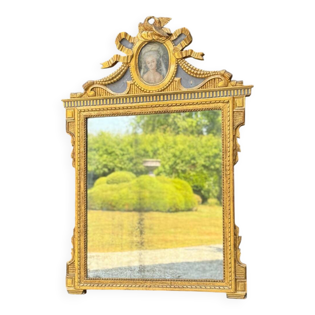 Miroir Louis XVI En Bois Doré – Sculpture Colombe Et Marbre – XIXe Siècle – Occasion