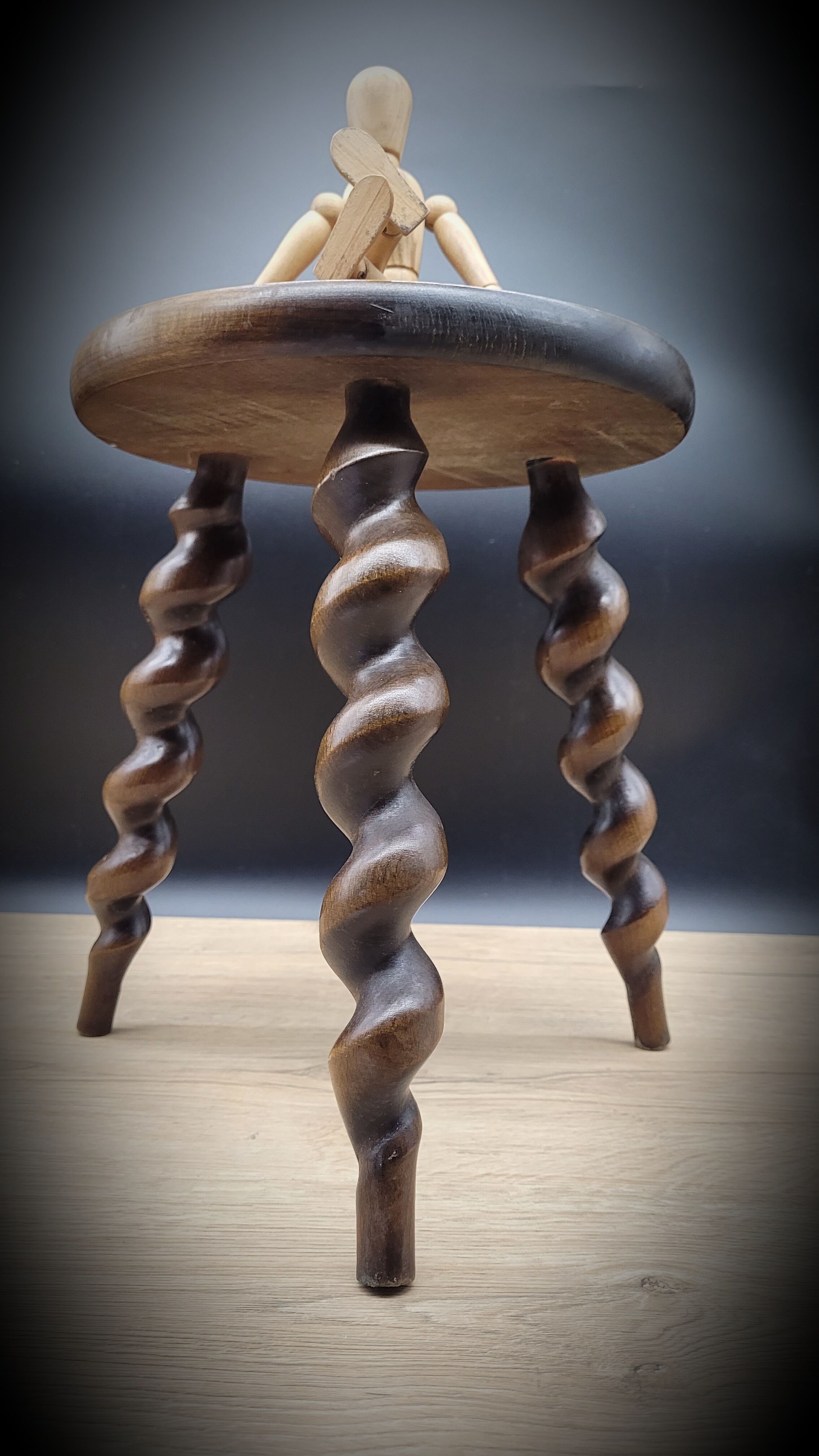 Turned wood tripod stool